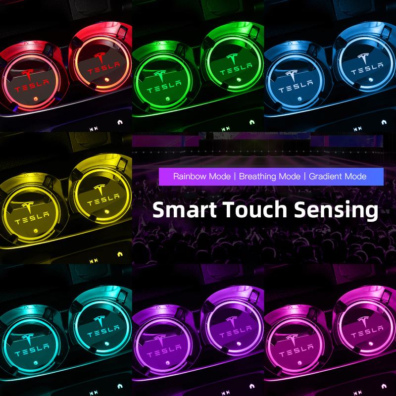 UBFMQ1 2PCS Led Car Badge Emblem Drink Cup Holder Logo Light USB Charging Luminous Coaster For Tesla Model Auto Decoration Accessories