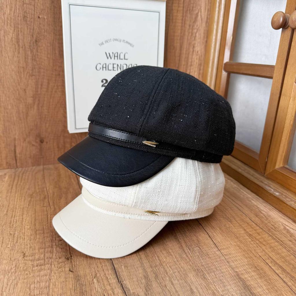 American new octagonal hat women's autumn shopping warm hat leather brim painter hat showing face small cap trendy beret