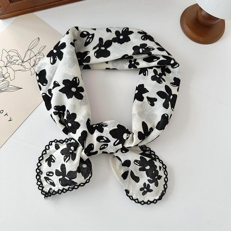 70% Cotton Linen Small Square Silk Scarf - Korean Style Floral Design for Versatile Neckwear and Decorative Use