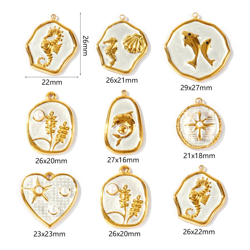 2 PCs 304 Stainless Steel Charms 18K Gold Plated White Painted Irregular Shaped Starfish Seahorse Flower Pendants DIY Making
