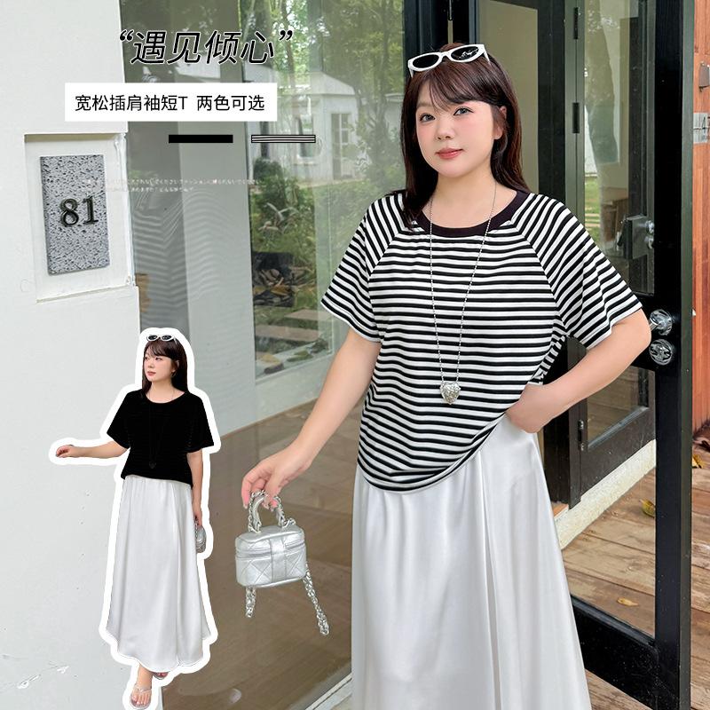 Summer new niche T-shirt short-sleeved large-size women's clothing striped pullover, thin and fat mm versatile top 142451