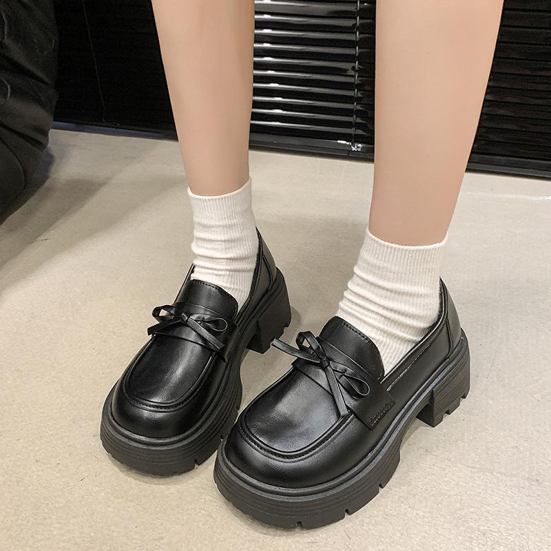 Loafers Women's 2024 Autumn 5 Spring New Roman Thick Heel Platform Bow British Black Small Leather Shoes