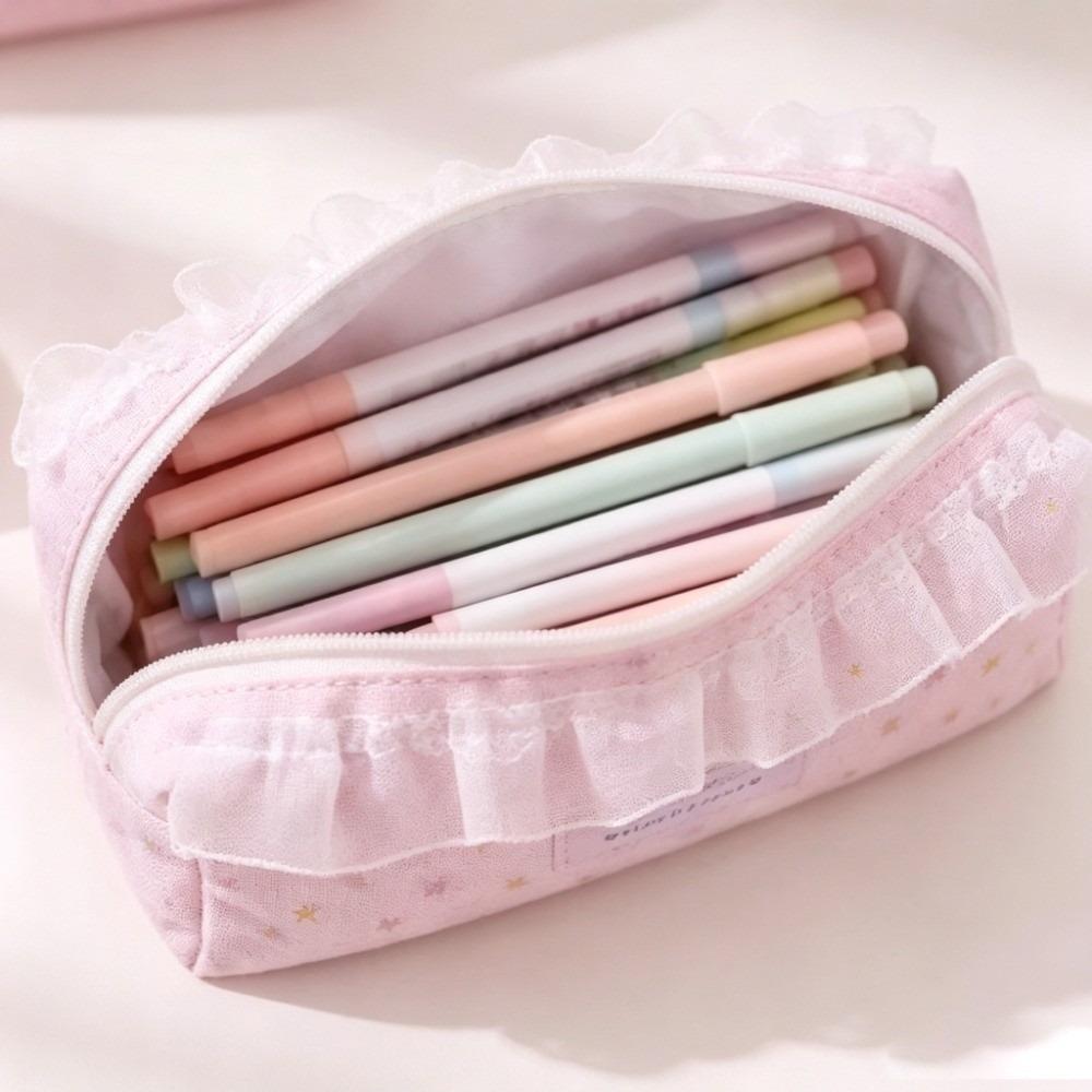 Ruffle Lace Design Pen Bag Large Capacity Stationery Organizer Makeup Storage Pouch Student Use