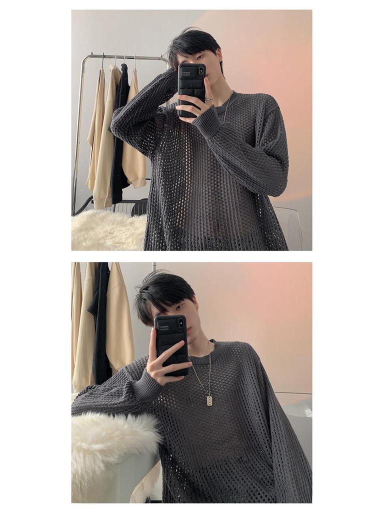 Men's Summer Thin Grid T-Shirt: Trendy Hong Kong Style, Hollow Knit, Long Sleeve, Round Neck Cover-Up