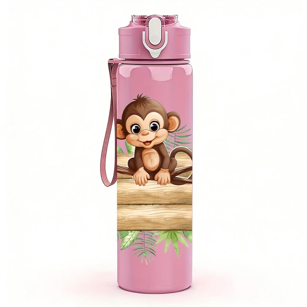 1PC Monkey Sitting In Wooden Box Cartoon 750ml Color Plastic Sports Water Bottle Leakproof Flip Straw Lid Suitable for Sports Office Home Use