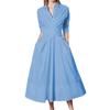 Women Solid Color Mid-rise Shirt Dress V-Neck Long Sleeve Belt Buttons Half Placket Pockets Loose Hem Midi Dress Workwear