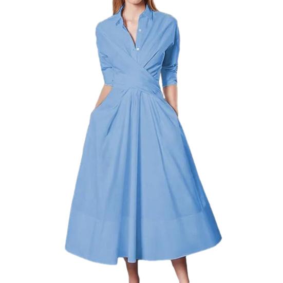 Женское однотонное платье-рубашка со средней посадкой, v-образным вырезом, длинными рукавами, поясом, пуговицами, полупланками и карманами, свободное подол, платье миди, рабочая одежда