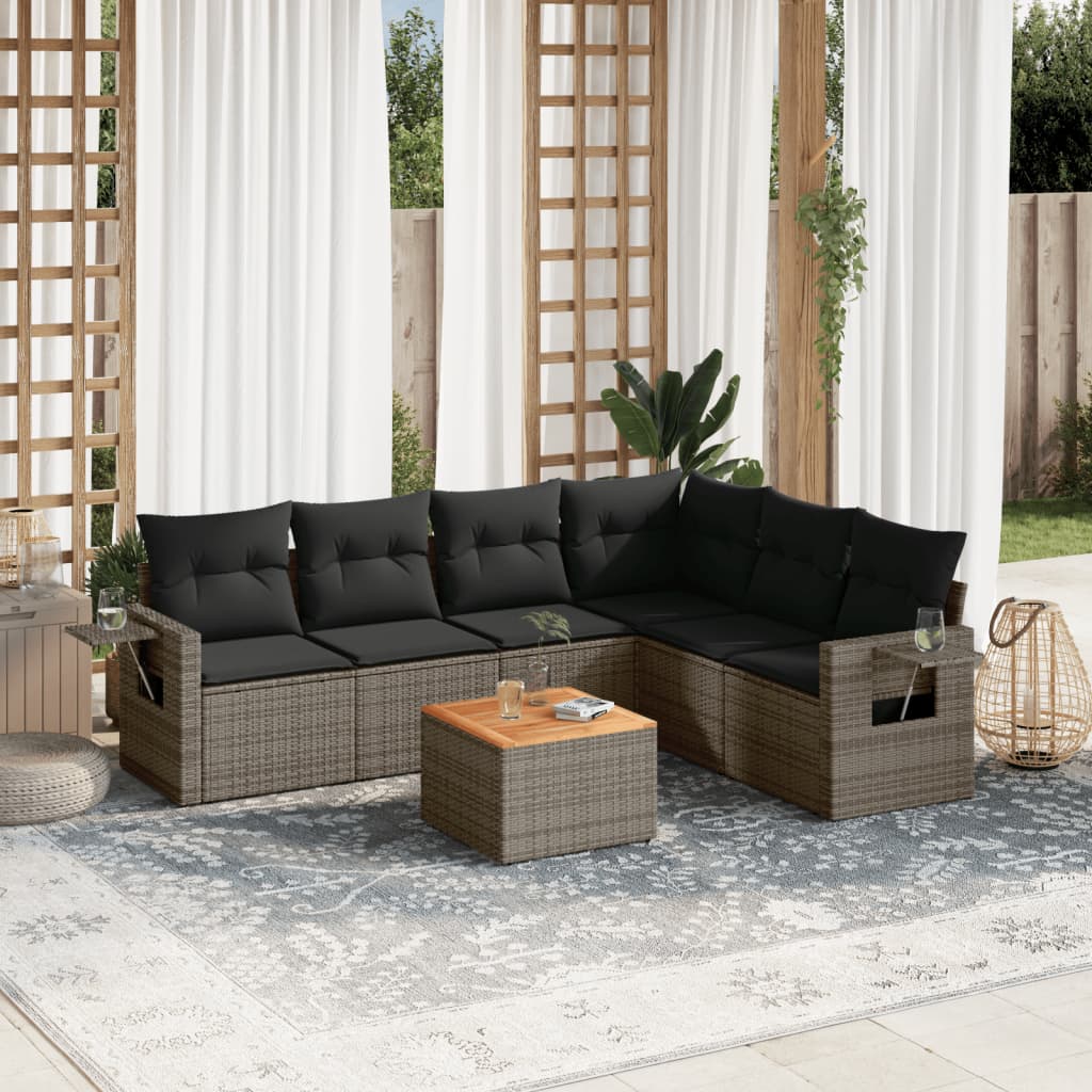 7 Piece Garden Sofa Set with Cushions Gray Poly Rattan
