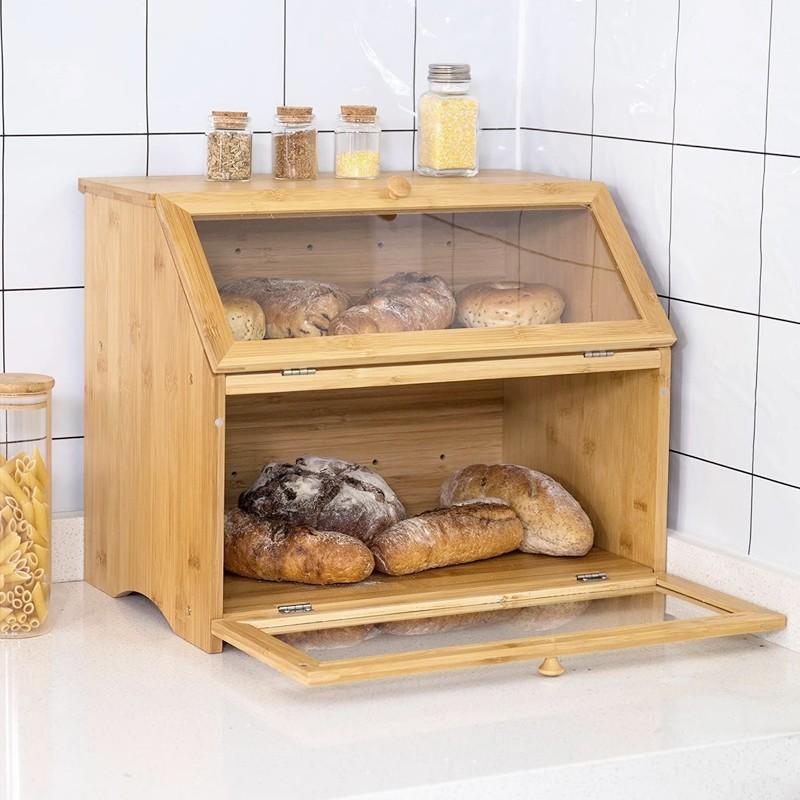 2 Tier Bamboo Bread Bin Double Layer Kitchen Storage Container Loaf Bread Box