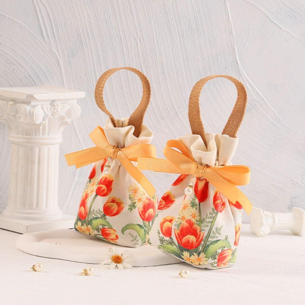 Tulip Rose Flower Drawstring Bag Floral Festive Sugar Bag Portable Ins Canvas Wrist Bag  Outdoor