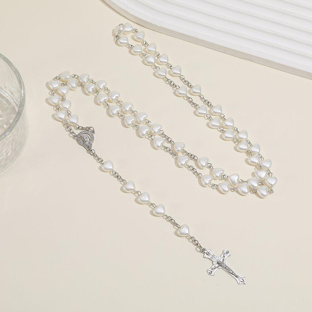 Fashionable Heart Pink Off-White Rosary Necklace with 59 Beads (8mm & 10mm) - Simple Long Jewelry