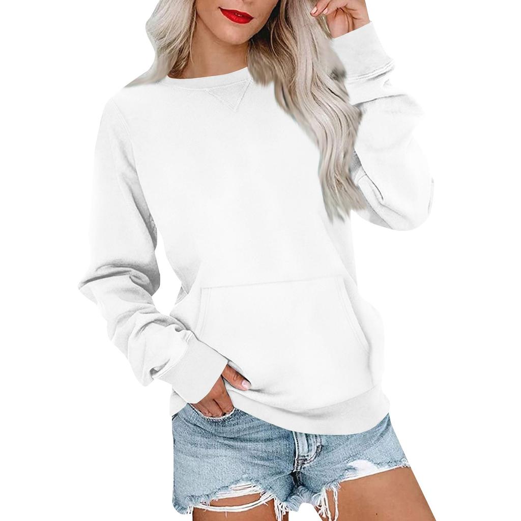 Women's Fashion Sweatshirt Round Neck Long Sleeve Solid Color Casual Loose Pullover Sweatshirt Sweater