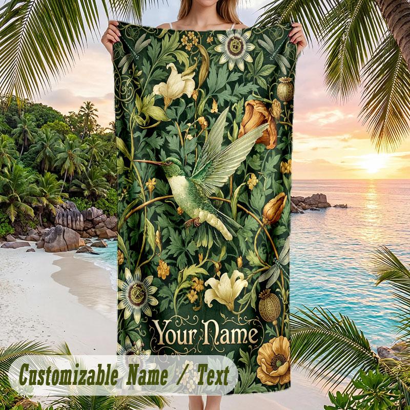 Hummingbird Garden Fantasy 3 Theme Quick Dry Beach Towel Custom Name Text Print Large Sand Resistant Towel Beach Vacation