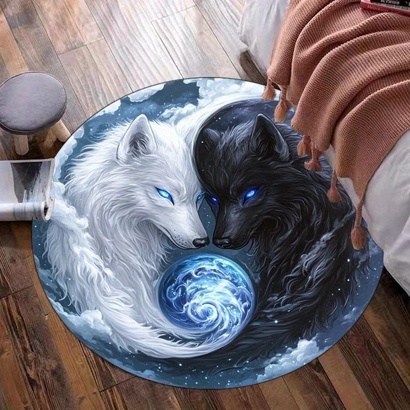 Round Carpet Autumn Winter Wolf Couple Round Rug Floor Mat Door Mat Entrance Mat for Home Decoration