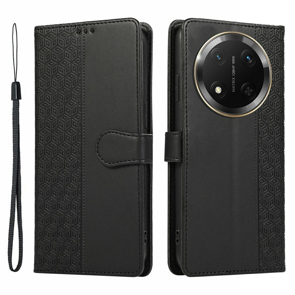 Phone Case For Honor X60 Pro 5G/X9c 5G/Magic7 Lite 5G Splicing Imprinted Rhombus Leather Cover with Wrist Strap