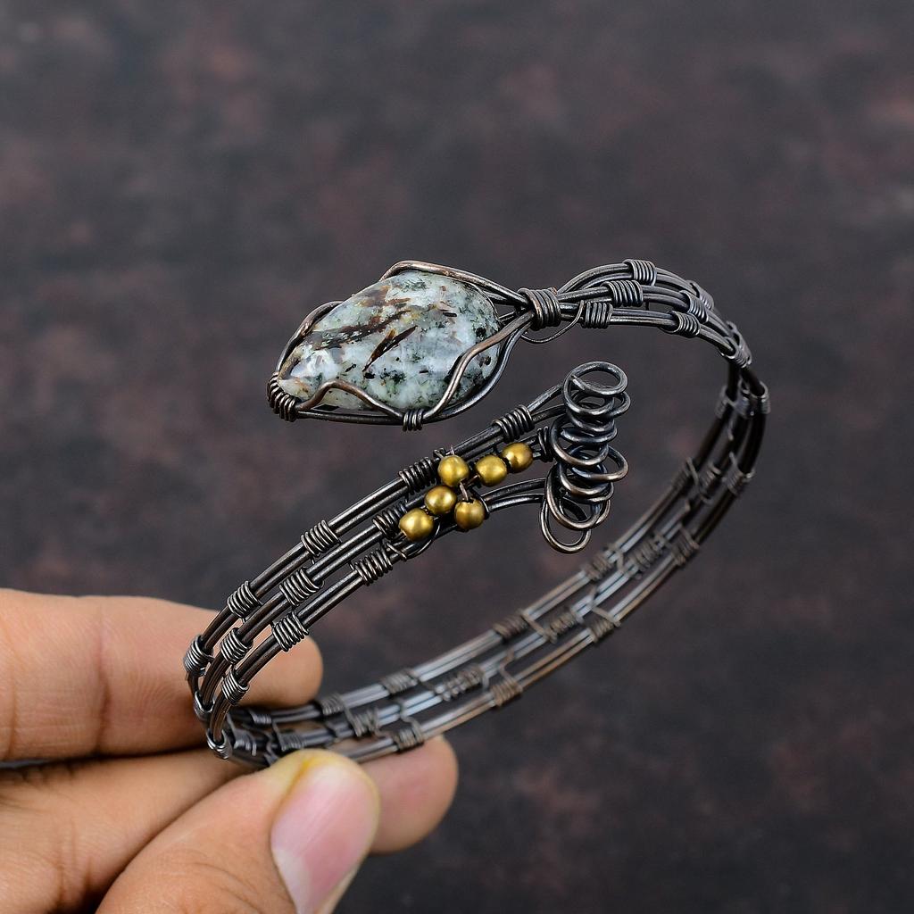 Браслет из драгоценного камня астрофиллит, браслет из медной проволоки, регулируемый браслет-манжета, ручная работа, ювелирные изделия из медной проволоки, подарок для матери, уникальный браслет