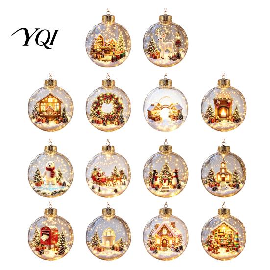Festive Home Desktop Decorations Lighted Christmas Ornaments, 3D Miniature Scene Hanging Balls with Warm LED Light, Cute Xmas Tree Lights Reindeer
