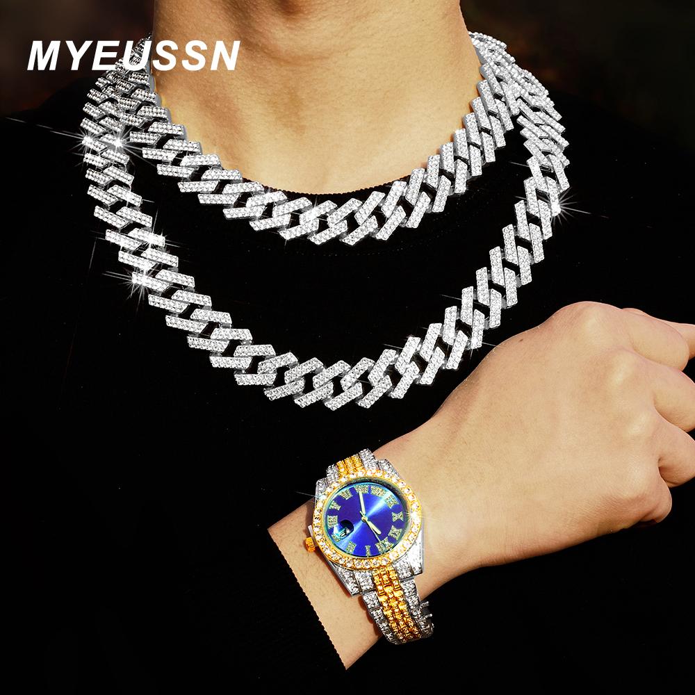 Новые часы Iced Out, мужские кубинские звенья, браслет-цепочка, ожерелье, колье, блестящие ювелирные изделия, мужские большие золотые цепочки, комплект часов в стиле хип-хоп, панк
