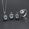 100% Natural Blue Topaz Jewelry Set Solid 925 Sterling Silver Oval 9*7mm Gemstone Ring Earrings Pendant Women's Classic