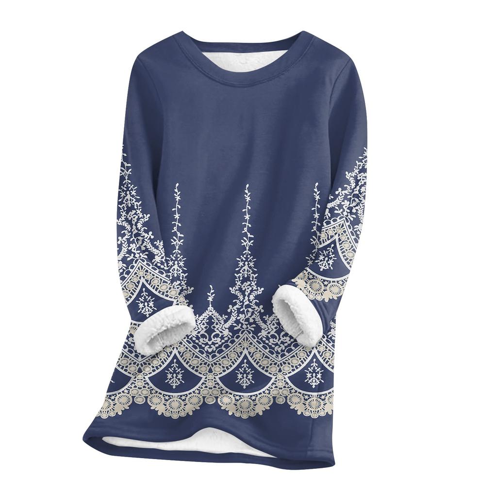 Женский топ с круглым вырезом и принтом из утолщенного плюша и кашемира, теплый длинный топ