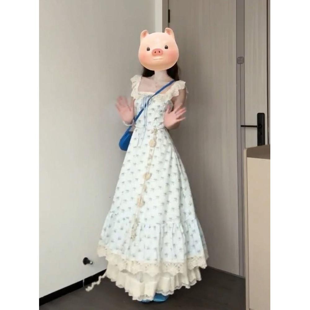 Blue Floral Suspender Dress, Unique and Beautiful Vacation Style, Sweet Summer Atmosphere, Small Skirt