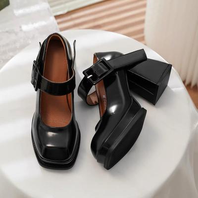 Французские туфли Мэри Джейн, нишевый дизайн, высокий каблук, толстый черный с квадратной головкой, высокие каблуки, женская мода, женская обувь, одиночные туфли