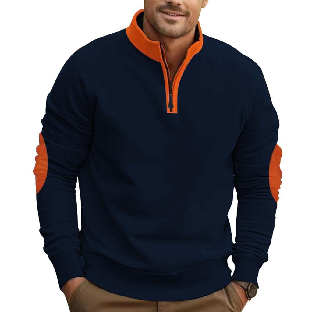 Men's Contrasting Color  Loose Casual Fleece  Stand Up Collar Pullover Half Zipper Long Sleeved Sweatshirt