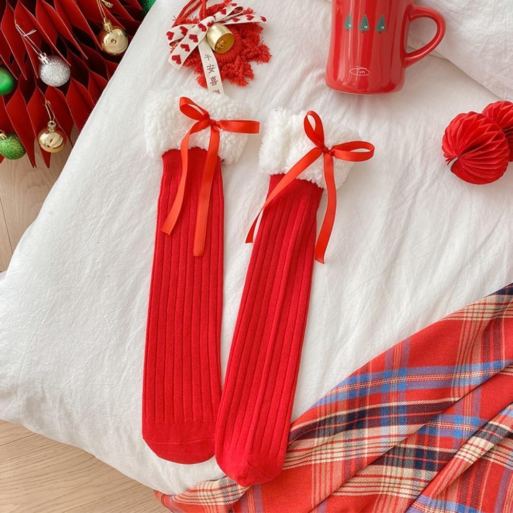 Personality Children Red Socks Breathable Bow Middle Tube Socks New Female Hosiery Christmas