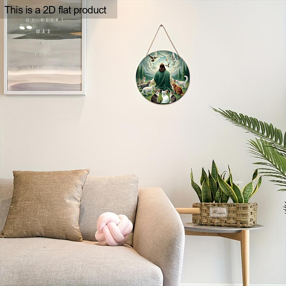 Деревянная табличка в современном стиле с узором Богоявления Иисуса, кошки и голубя мира, круглая табличка Иисуса для декора настенного подвеса для входной двери, идеальный подарок на Богоявление