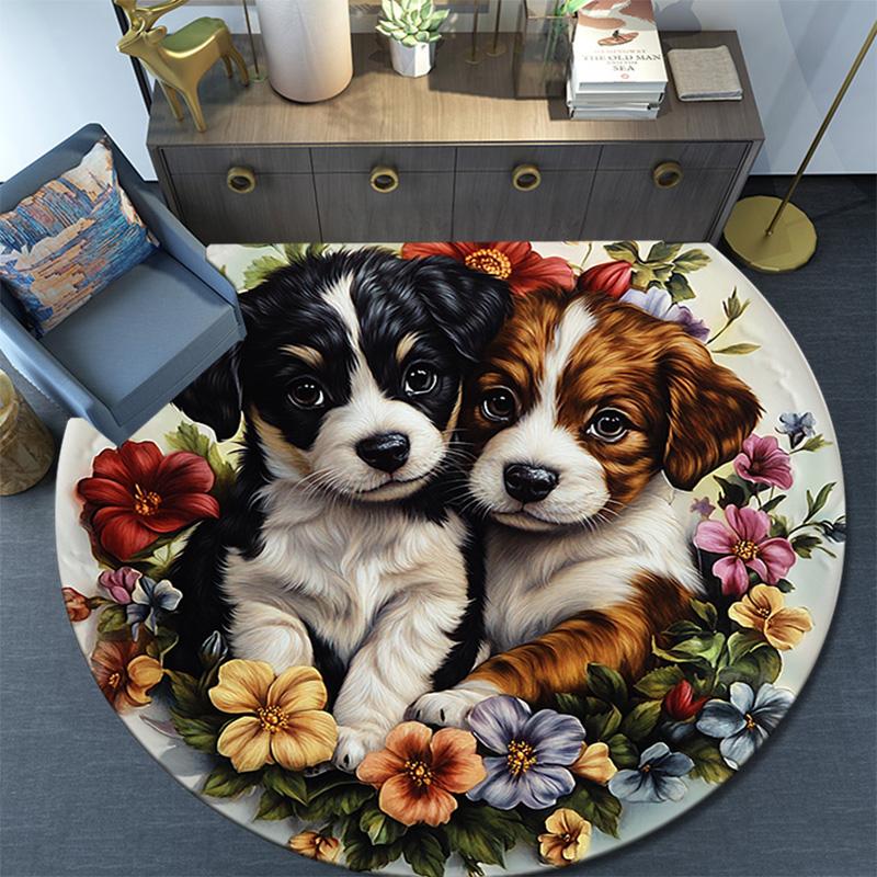 Two Cute Puppies Round Area Rug,Carpet Rug for Living Room Bedroom Sofa Playroom Decor,Non-slip Floor Mat