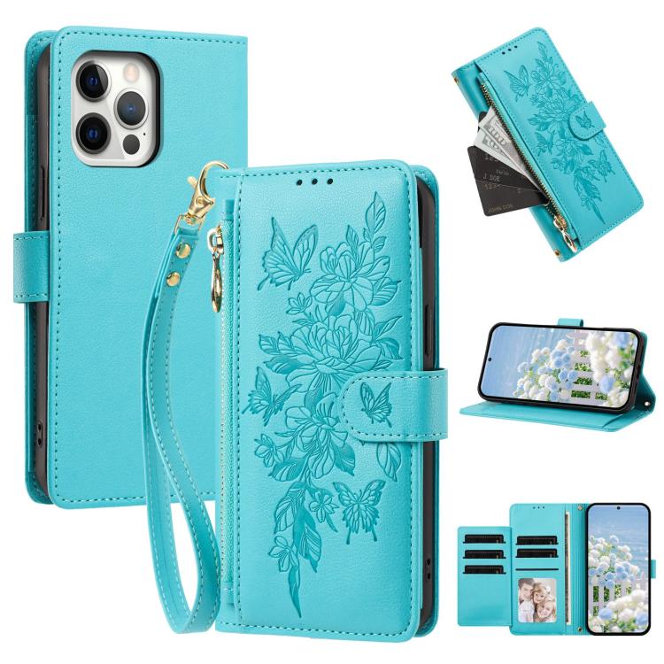 Butterfly Flower Zipper Wallet Vegan Leather Phone Case with Strap For iPhone 15 Pro Max