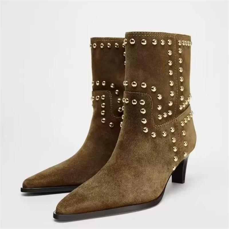 Fashion Fashion Women Boots Autumn Winter Women Shoes Brown Pointed Rivets Short Boots Suede Western Cowboy Ankle Boots Botas Para Mujer