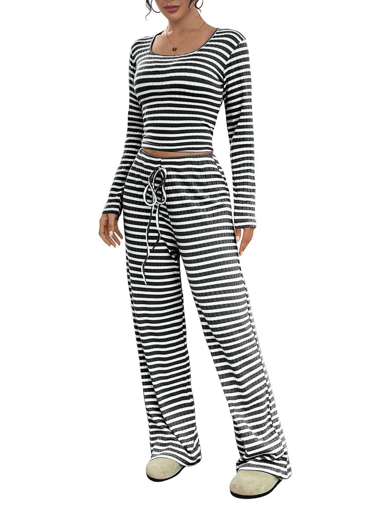 Autumn New Product Women's Striped Square Collar Long Sleeve Drawstring Elastic Waist Trousers 2-piece Slim Fit Set