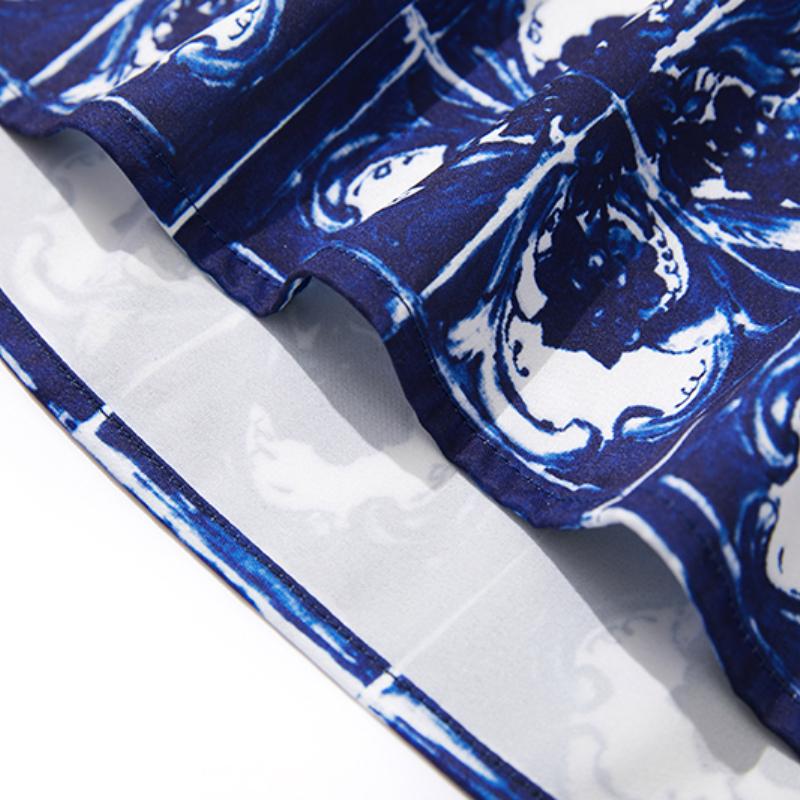 Элегантный комплект из двух предметов с фарфоровым узором, женский короткий укороченный топ с цветочным принтом, плиссированные макси-юбки, костюмы, женские лоскутные винтажные комплекты с ремешками, 2024