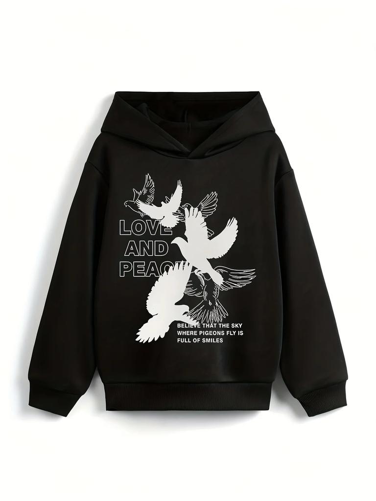 Kids Hoodie Autumn Winter Thick Fleece Peace Dove Love And Peace Graphic Print Warm Streetwear Pullover Sweatshirt