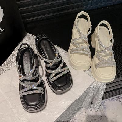 Босоножки на толстой подошве, с перекрестными эластичными ремешками, украшенные стразами, летняя обувь, универсальные женские туфли на высоком каблуке