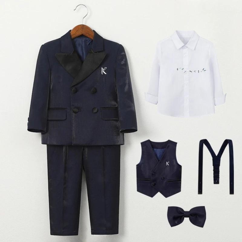 Boys Shiny Tuxedo Suit Set Double Breasted Blazer with Contrast Lapel Kids Formal Performance Outfit Wedding Party Clothes for 1-11Y