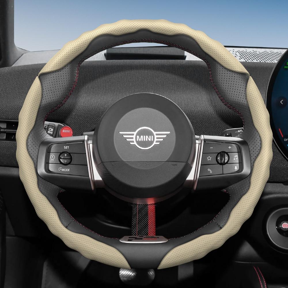 Steering Wheel Cover for Mini, Wave-Shaped Sporty Design, Breathable Leather, Segmented, Non-Slip, Sweat-Absorbent Case, Suitable for Coo e5