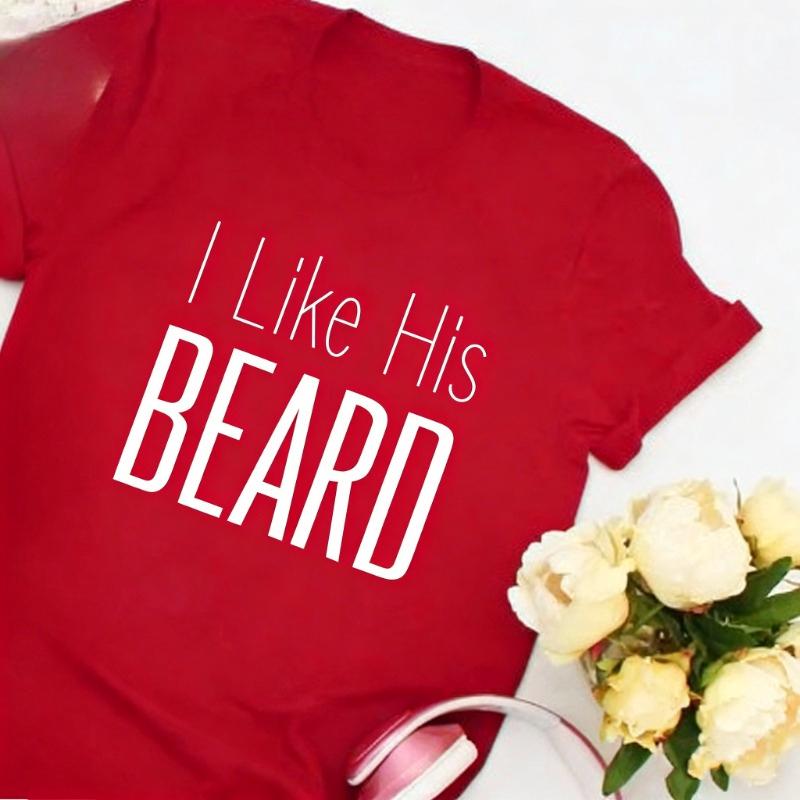 Her Butt I Like His Beard Funny Simple Letters Print Tshirt Tops Valentine Gift for Couples Cute Matching Regular Short Sleeve