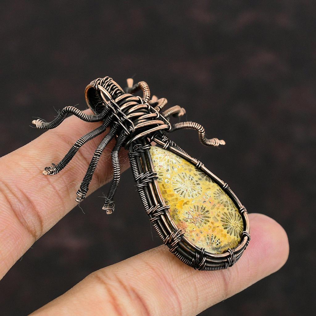 Подвеска из ископаемого коралла, подвеска из медной проволоки, подвеска ручной работы, подвеска из ископаемого коралла, драгоценный камень, подвеска в виде паука, медная подвеска, подарок для мамы