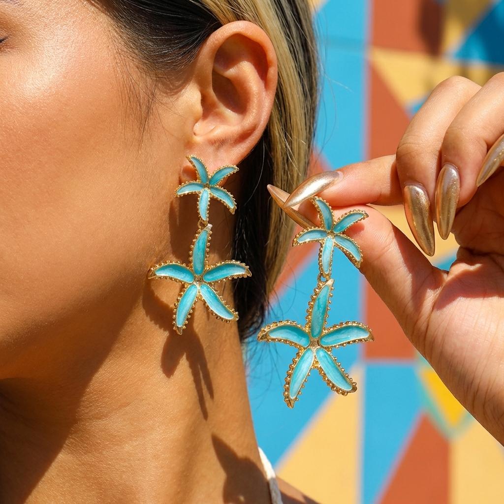 Double Starfish Stud Earrings Ocean Theme Summer Beach Vacation Ear Jewelry Minimalist Accessories for Women Girls