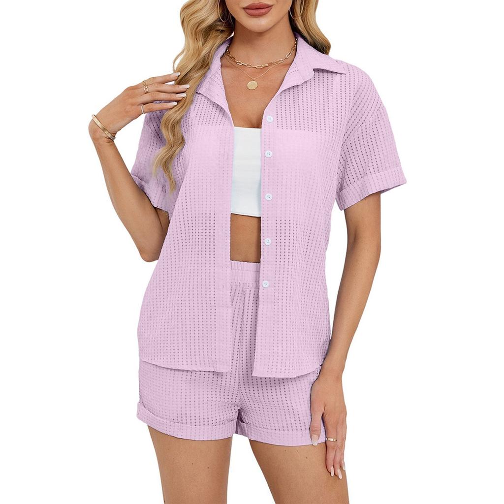 Женская повседневная однотонная рубашка с короткими рукавами, топы, шорты, домашняя одежда, комплект из двух предметов