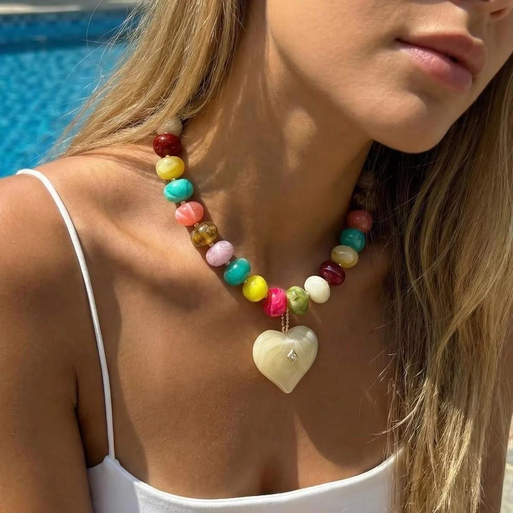 Colorful Beads Chunky Beads Necklace Heart-shaped Collarbone Chain Pendant Necklace Jewelry Gifts