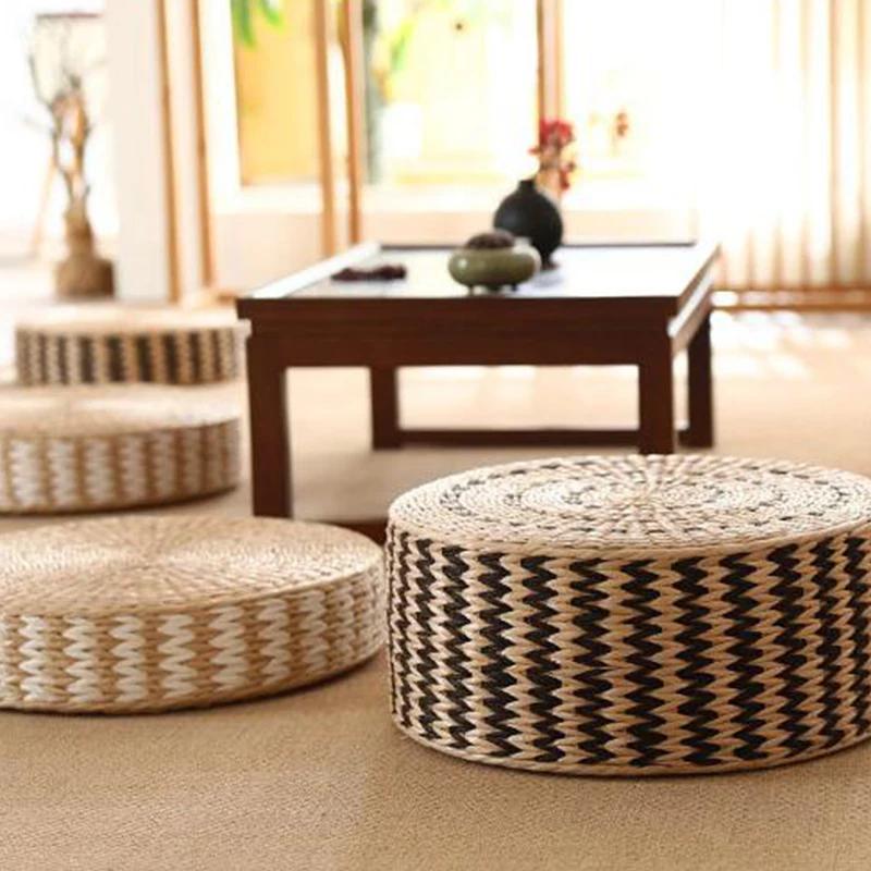40/45cm Japanese Woven Straw Pouf Tatami Cushion Round Zafu Floor Cushion Meditation Yoga Seat Mat Pastoral Thick Ottoman Stool