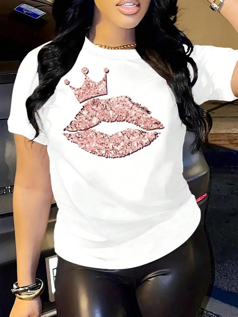 Женская повседневная базовая футболка свободного кроя с графическим принтом «Сексуальные губы с короной», летняя футболка с коротким рукавом и круглым вырезом, классическая модная футболка