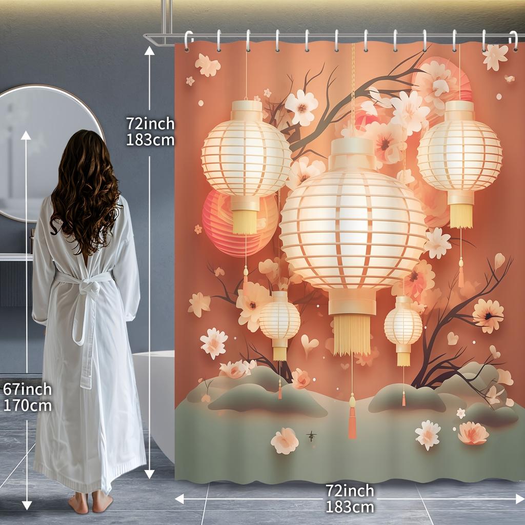 Красные фонарики Китайского Нового года и Шторка для душа с цветами сливы, 12 крючков – Праздничный Декор для Дома и Ванной