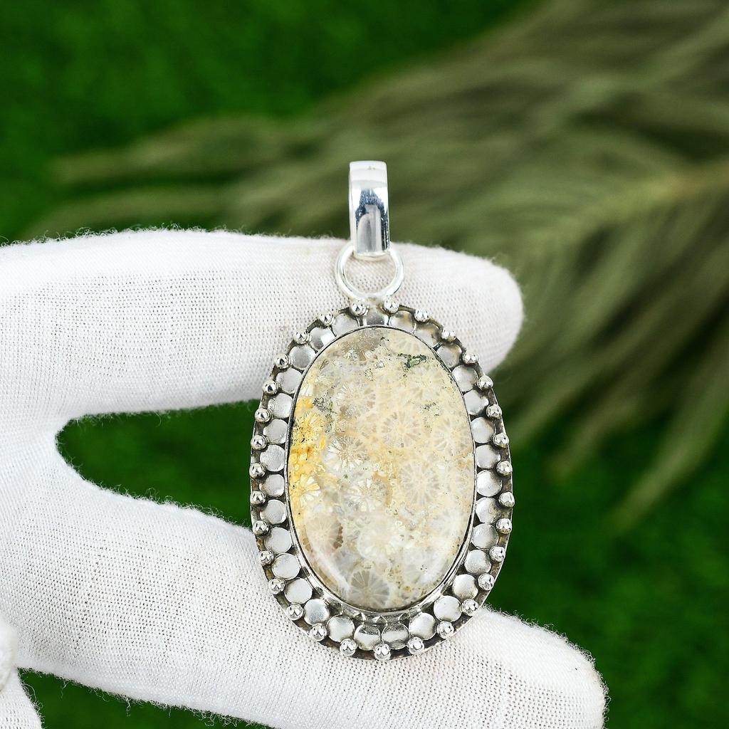 Распродажа ко Дню сестер Овальный Натуральный Ископаемый Коралл Стерлинговое Серебро Новый Кулон Ювелирное Изделие