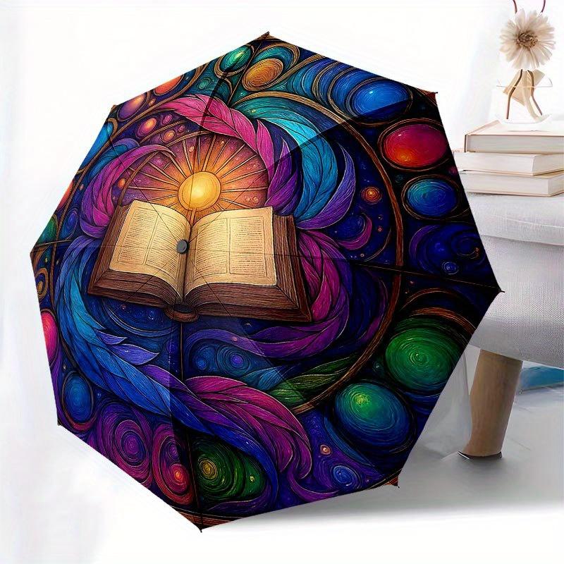 Colorful Mandala Stained Cute Window Art: Vibrant Feather Design for Home Decor Umbrella, Cute Umbrella with Cute Design, Portable 3-Fold Compact Umbr