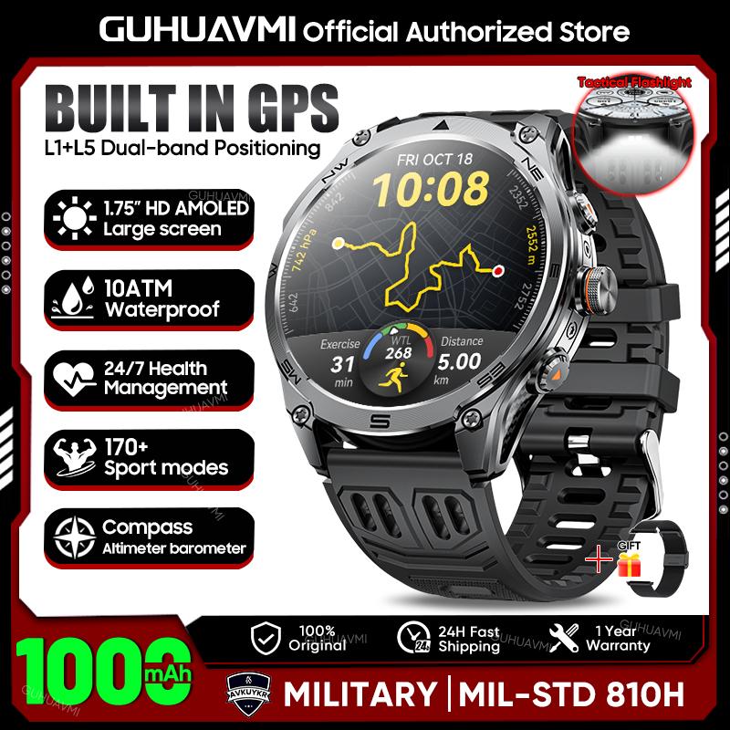 Новые Уличные Военные Смарт-часы GPS для Спорта 1,75-дюймовый AMOLED Экран Батарея 1000 мАч Компас Высотомер 10ATM Звонки Смарт-часы