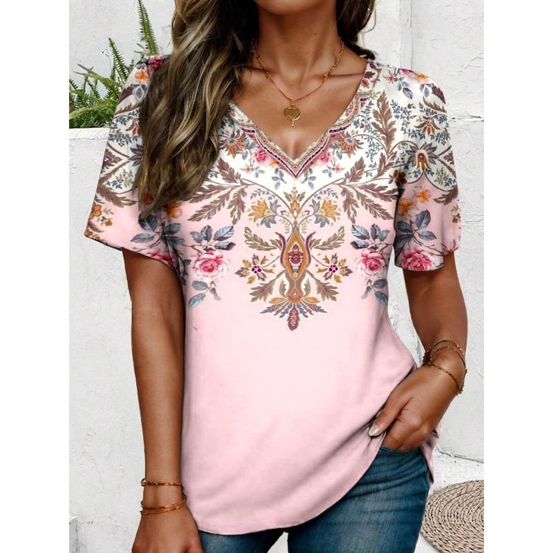 Ethnic Women's T-Shirt Vintage Graphic Fashion Short Sleeved V-Neck Regular Tops Daily Print Tee Summer Spring Casual Tops